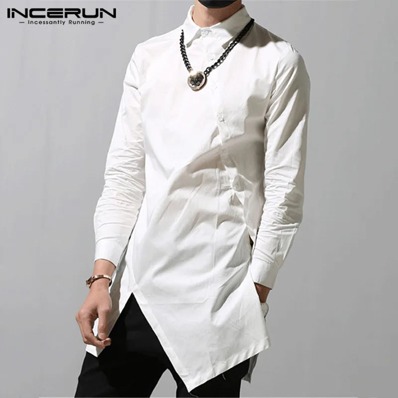 INCERUN 2023 Hommes Chemises Irrégulières Revers Bouton Manches Longues Chic Couleur Unie Camisa Mode Chemises Habillées Mince Long Hauts Grande Taille