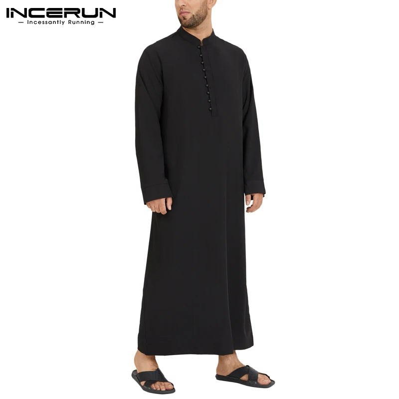 Muslim Men Jubba Thobe Long Sleeve Solid Color Breathable Robes 2023 Stand Collar Islamic Arabic Kaftan Men Abaya S-5XL INCERUN