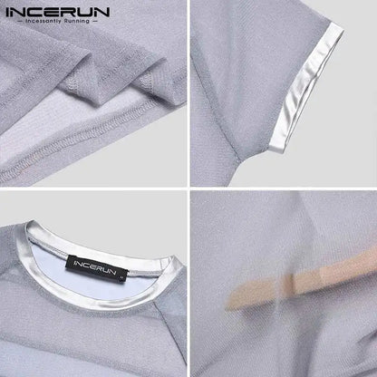 INCERUN 2023 New Mens Sexy Leisure Short Male Hot Sale Lit Metal Mesh Perspective Casual Round Neck Short Sleeve T-Shirt S-5XL 7