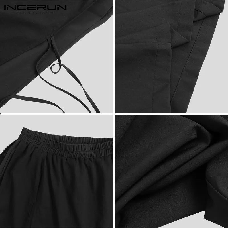 INCERUN Solid Color Men Casual Pants Joggers Elastic Waist Loose Irregular Skirt Trousers Men Streetwear Harajuku Wide Leg Pants