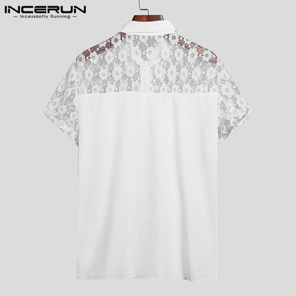 Men Shirt Lace Mesh Patchwork Lapel Short Sleeve Streetwear See Through Sexy Camisas Summer 2023 Party Men Clothing INCERUN