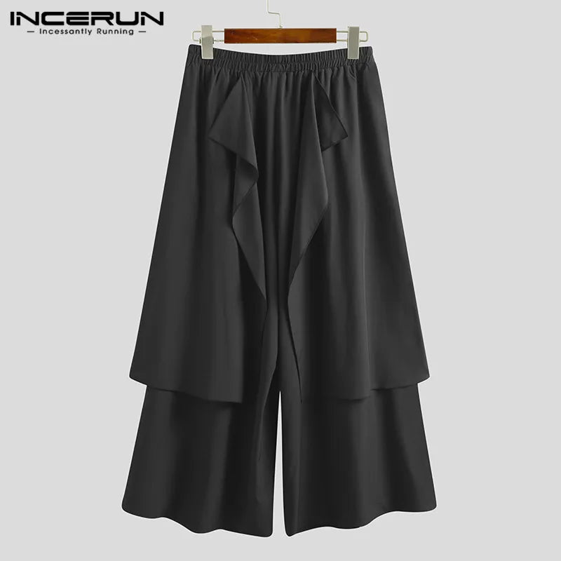 2023 Fashion Men Wide Leg Pants Solid Color Elastic Waist Irregular Skirts Trousers Punk Black Joggers Loose Pantalones S-5XL 7