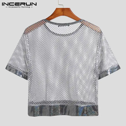 Men T Shirt See Through Mesh Patchwork Streetwear Sexy O-neck Short Sleeve Crop Tops Breathable Party Casual Men Clothing S-5XL