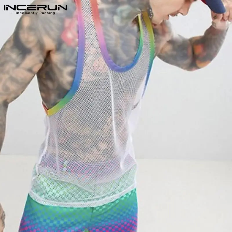 2023 sommer Männer Tank Tops Mesh Patchwork Streetwear Ärmellose Sexy Casual Westen Transparent Atmungsaktive Workout Tops 5XL INCERUN