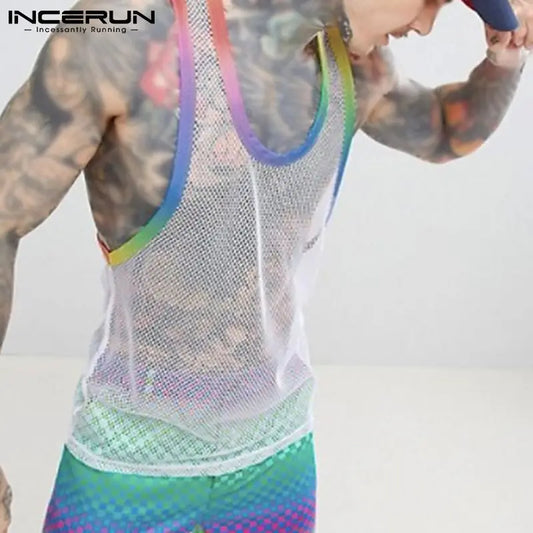 2023 Summer Men Tank Tops Mesh Patchwork Streetwear Sleeveless Sexy Casual Vests Transparent Breathable Workout Tops 5XL INCERUN