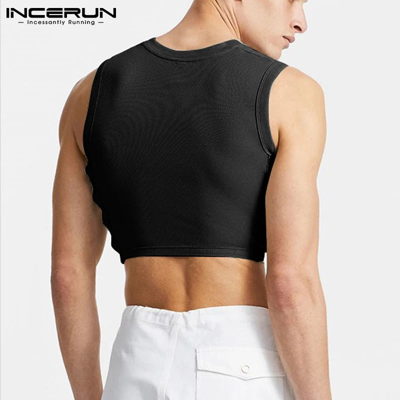 Men Tank Tops Mesh Patchwork 2023 Round Neck Sleeveless See Through Sexy Vests Streetwear Party Nightclub Men Crop Tops INCERUN