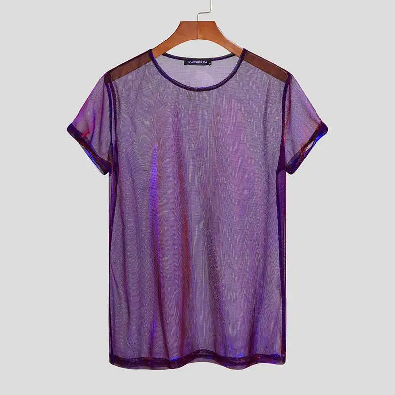 INCERUN 2023 American Style CasuaI T-Shirts Streetwear See-through Two-tone Flash Party Nightclub Shiny Short-sleeved Tops S-5XL