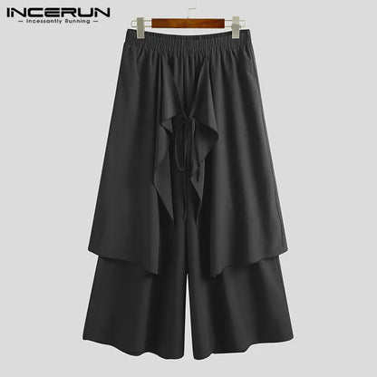 INCERUN Mens Wide Leg Pants Solid Joggers Streetwear Elastic Waist 2023 Irregular Skirts Trousers Men Loose Punk Pantalon S-5XL