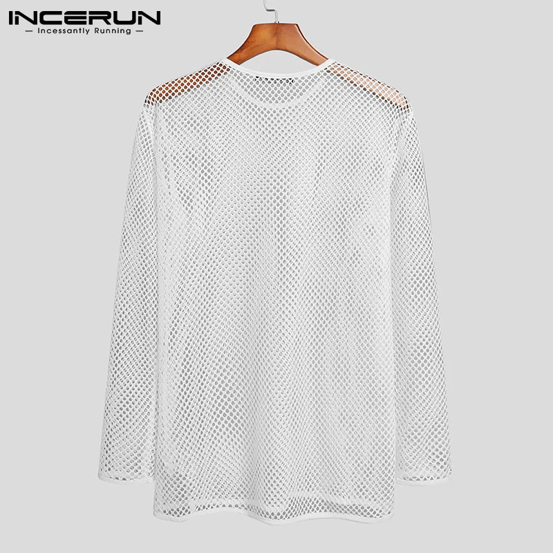 Fashion Men T Shirt Mesh O Neck See Through Streetwear Long Sleeve Tee Tops 2023 Sexy Party Nightclub Men Clothing S-5XL INCERUN