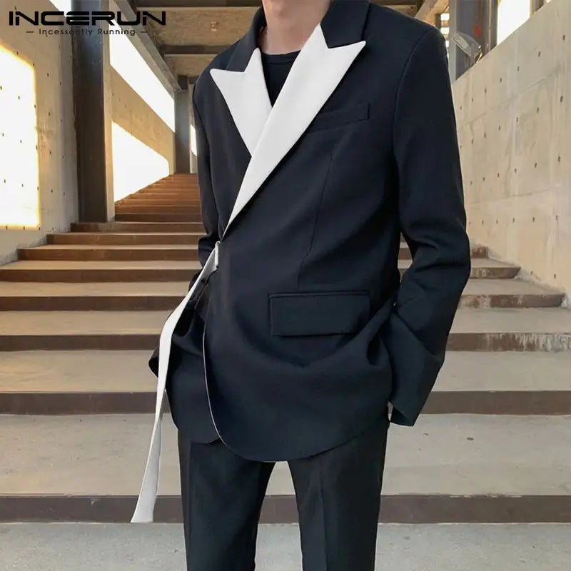 INCERUN Tops 2024 Korean Style Stylish New Men's Suits Casual Streetwear Stitching Color Suits Fashion Long-sleeved Blazer S-5XL