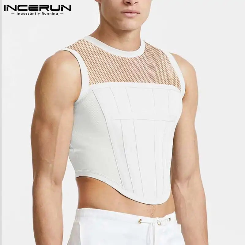 Débardeurs pour hommes en maille patchwork 2023 col rond sans manches transparents gilets sexy streetwear fête discothèque hommes hauts courts INCERUN