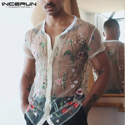 2023 Fashion Men Mesh Shirts Embroidered Short Sleeve Sexy See Through Tops Button Breathable Party Nightclub Shirts INCERUN 5XL