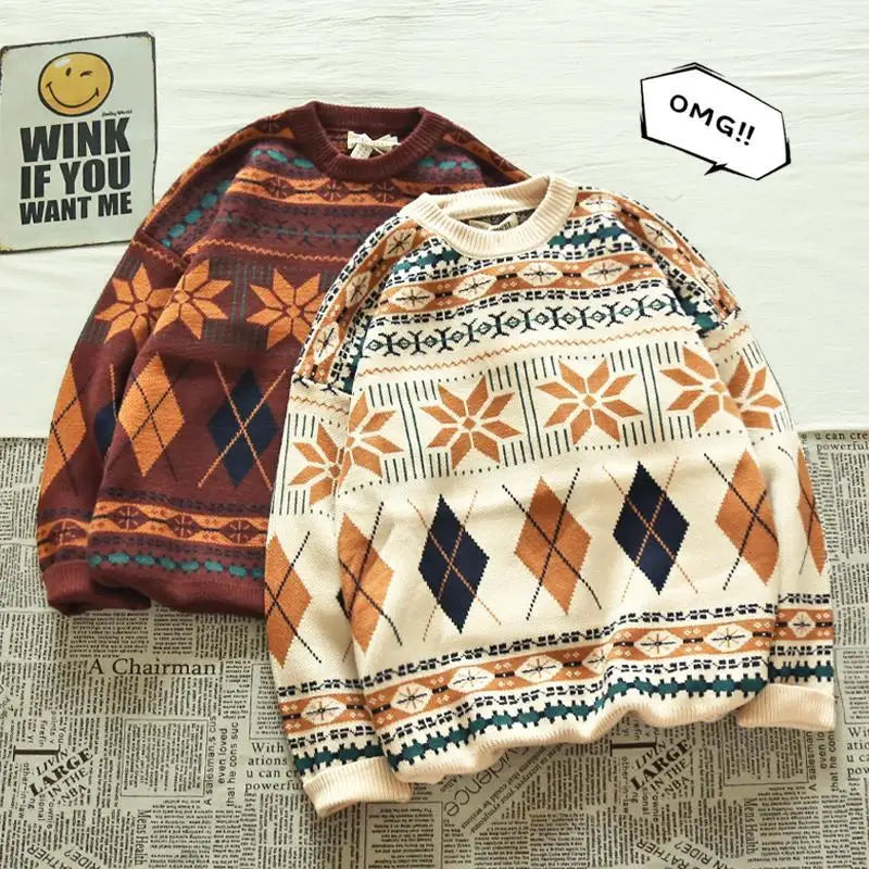 HOUZHOU Pullovers Vintage Retro Christmas Sweater Couple  Men's Knitted Sweater Winter Warm Casual Korean Streetwear Harajuku