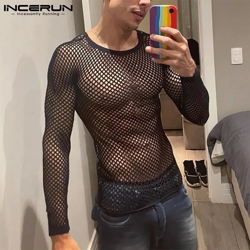 Tops 2023 Summer Fashion New Men's Undershirt O-neck Tees Long Sleeved Party Nightclub Breathable Mesh T-Shirts S-5XL INCERUN