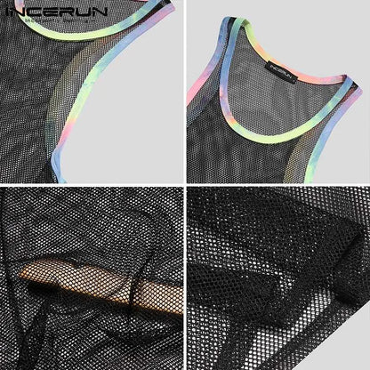 2023 Summer Men Tank Tops Mesh Patchwork Streetwear Sleeveless Sexy Casual Vests Transparent Breathable Workout Tops 5XL INCERUN