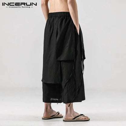 INCERUN Solid Color Men Casual Pants Joggers Elastic Waist Loose Irregular Skirt Trousers Men Streetwear Harajuku Wide Leg Pants