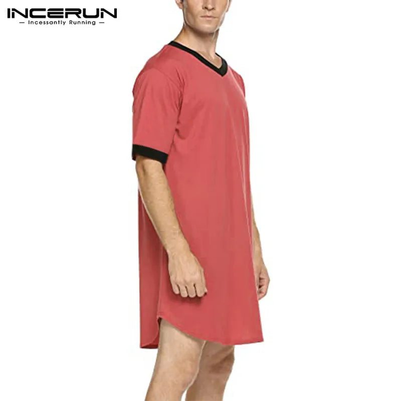 INCERUN Mens Nightgown Fashion Patchwork Sleep Robe Solid Color Sleepwear Man Short Sleeve Bathrobe Loose V Neck Nightwear S-5XL