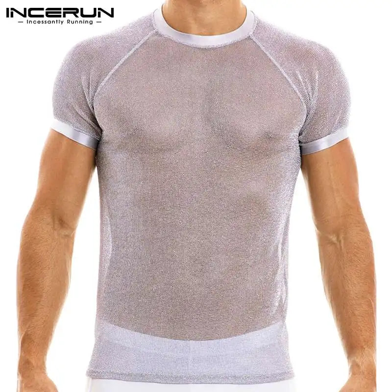 INCERUN Tops 2023 Nouveaux T-shirts de style américain pour hommes Sexy Brillant Métal Maille Perspective Décontracté Col Rond Manches Courtes T-shirt S-5XL 7