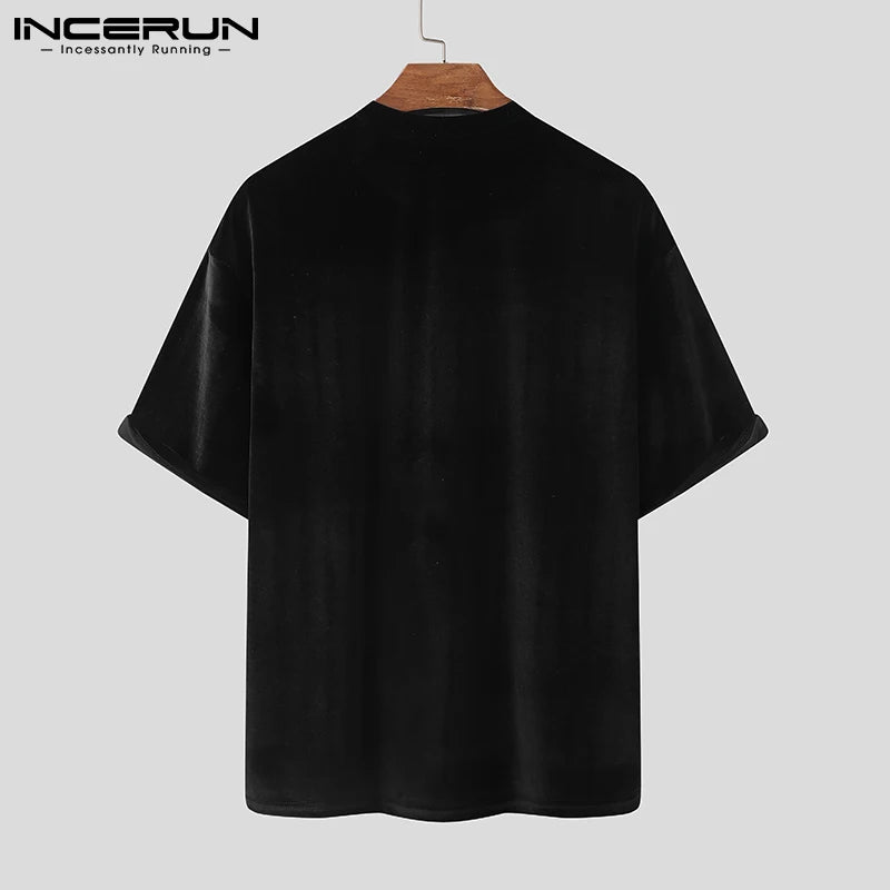 Men T Shirt Velour Solid Color O-neck Half Sleeve Streetwear Casual Camisetas Hombre Cozy 2023 Loose Leisure Tee Tops INCERUN