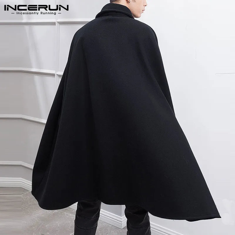 INCERUN 2023 Fashion Men Cloak Coats Solid Color One Button Lapel Cape Trench Streetwear Winter Faux Blends Overcoat Men Jackets