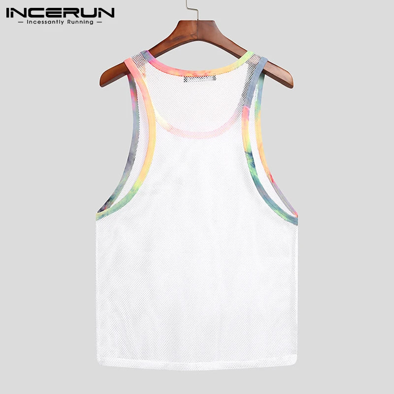 2023 Summer Men Tank Tops Mesh Patchwork Streetwear Sleeveless Sexy Casual Vests Transparent Breathable Workout Tops 5XL INCERUN