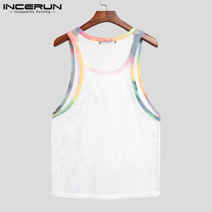 2023 Summer Men Tank Tops Mesh Patchwork Streetwear Sleeveless Sexy Casual Vests Transparent Breathable Workout Tops 5XL INCERUN