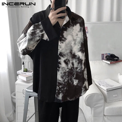 Men Casual Shirt Spring Print Patchwork Lapel Long Sleeve Streetwear Tops 2023 Korean Loose Fashion Shirts Camisas 5XL INCERUN