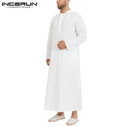 INCERUN 2023 Men Islamic Arab Muslim Kaftan Thobe Long Sleeve Hooded Robes Saudi Arabia Dubai Jubba Thobe Men Muslim Clothes 5XL