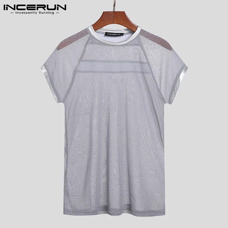 INCERUN 2023 New Mens Sexy Leisure Short Male Hot Sale Lit Metal Mesh Perspective Casual Round Neck Short Sleeve T-Shirt S-5XL 7