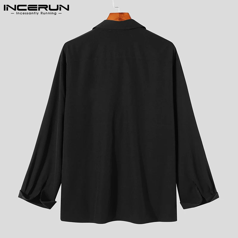 INCERUN 2023 Männer Casual Shirt Einfarbig Revers Taste Langarm Mode Tops Streetwear Lose Freizeit Camisa Masculina S-5XL