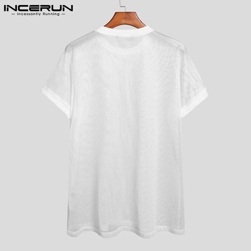 Men T Shirt O Neck Short Sleeve Mesh Transparent 2023 Sexy Tee Tops Streetwear Vacation Breathable Party Men Clothing INCERUN