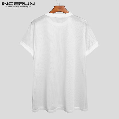 T-shirt à manches courtes et col rond pour homme, en maille transparente, sexy, streetwear, vacances, respirant, fête, vêtements pour hommes, 2023