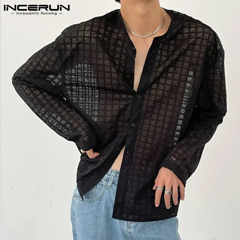 INCERUN Tops 2024 Korean Style Mens Blouse Casual Streetwear Thin Micro-permeable Breathable Mesh Check Long-sleeved Shirt S-5XL