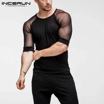 2023 Summer Mesh Patchwork Men T Shirt Short Sleeve Slim O Neck Party Sexy Breathable Nightclub T-shirts Casual Tee Tops INCERUN