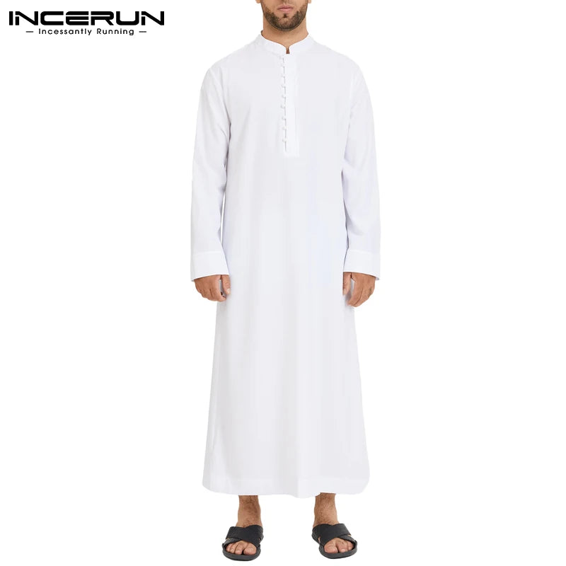 Muslimische Männer Jubba Thobe Langarm Einfarbig Atmungsaktive Roben 2023 Stehkragen Islamischen Arabischen Kaftan Männer Abaya S-5XL INCERUN