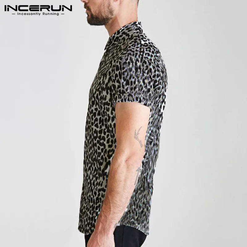 INCERUN Hommes Manches Courtes Revers Chemise Décontractée Chemisier Floral Hommes Hawaïen Plage Hauts Été Léopard Imprimé Chemises Camisa Grande Taille