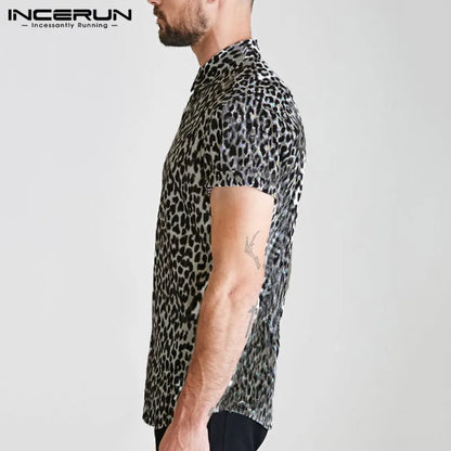 INCERUN Men Short Sleeve Lapel Shirt Casual Floral Blouse Men Hawaiian Beach Tops Summer Leopard Print Shirts Camisa Plus Size