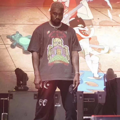 T-shirt Kanye West à imprimé tête de mort pour homme et femme, ample et décontracté, style Harajuku, surdimensionné, col rond, manches courtes, hip-hop, streetwear