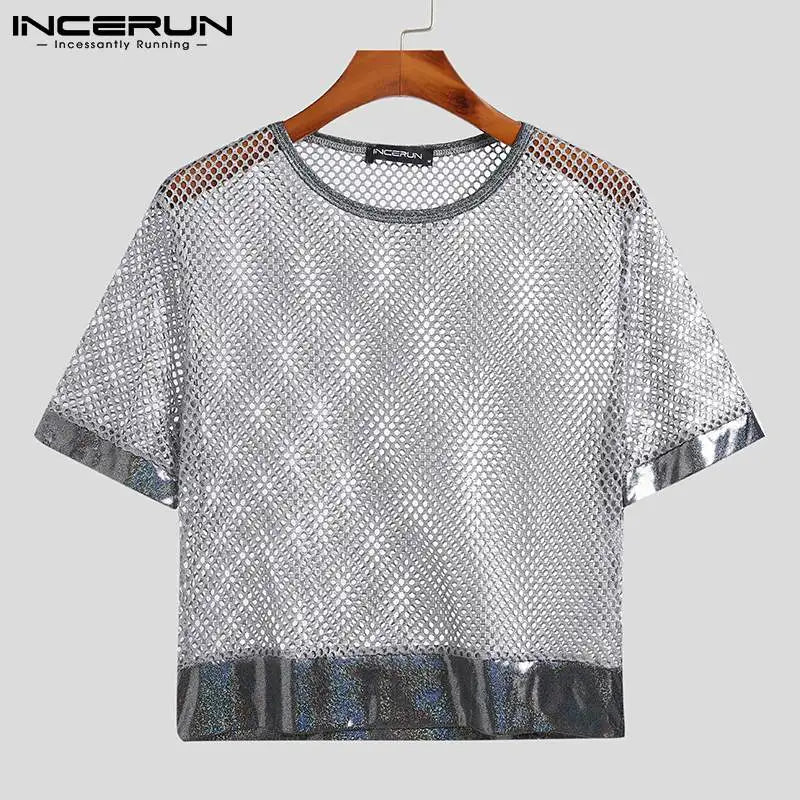 T-shirt en maille transparente pour homme, streetwear, sexy, col rond, manches courtes, haut court, respirant, décontracté, vêtements pour hommes, S-5XL