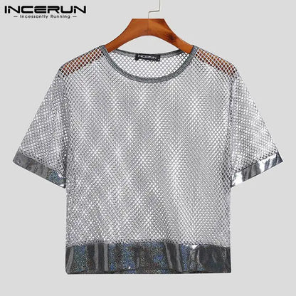 Men T Shirt See Through Mesh Patchwork Streetwear Sexy O-neck Short Sleeve Crop Tops Breathable Party Casual Men Clothing S-5XL