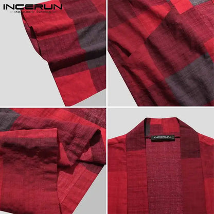 INCERUN Long Sleeve Open Stitch Blouse Men Vintage Plaid Cardigan Shirts Spring Man Leisure Pockets Kimono Tops Streetwear S-5XL