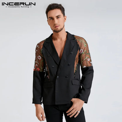 Männer Blazer Mesh Patchwork Durchsichtig Streetwear Zweireiher Revers Langarm Oberbekleidung Mode Männer Casual Anzüge INCERUN