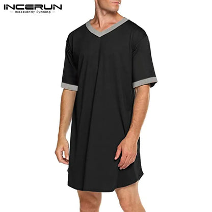 INCERUN Mens Nightgown Fashion Patchwork Sleep Robe Solid Color Sleepwear Man Short Sleeve Bathrobe Loose V Neck Nightwear S-5XL