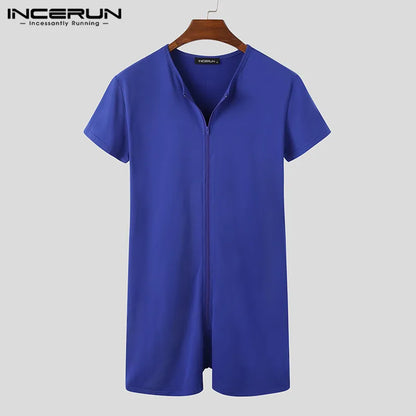 Pyjamas pour hommes Barboteuses Solide Col en V Fermeture éclair Fitness Manches courtes Confortable Homewear Combinaisons Loisirs Hommes Combinaison Vêtements de nuit INCERUN 7