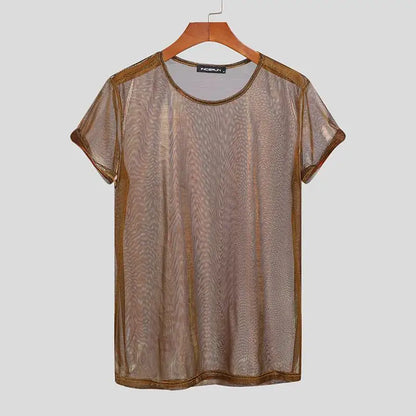 INCERUN 2023 American Style CasuaI T-Shirts Streetwear See-through Two-tone Flash Party Nightclub Shiny Short-sleeved Tops S-5XL