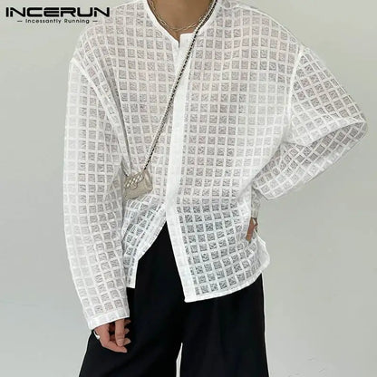 INCERUN Tops 2024 Korean Style Mens Blouse Casual Streetwear Thin Micro-permeable Breathable Mesh Check Long-sleeved Shirt S-5XL