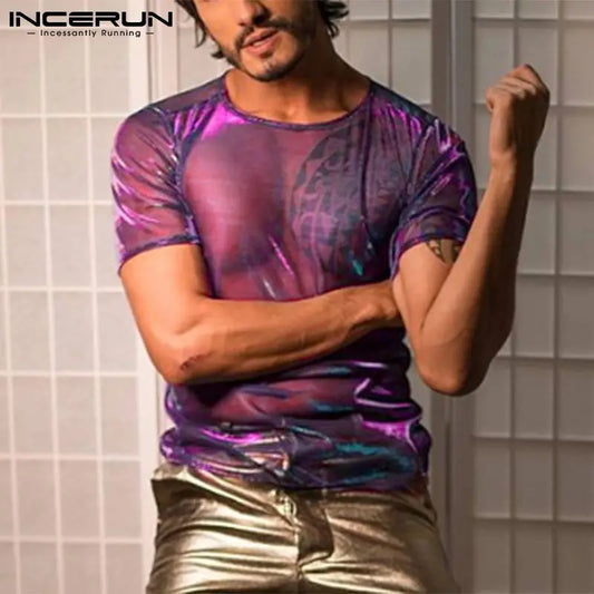 INCERUN 2024 American Style CasuaI Tees Streetwear See-through Two-tone Flash Party Nightclub Shiny Short-sleeved T-shirts S-5XL