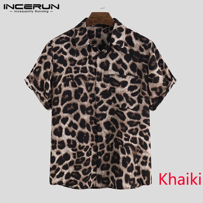 INCERUN Herren Kurzarm Revers Hemd Lässige Blumenbluse Herren Hawaiian Strand Tops Sommer Leopard Print Shirts Camisa Plus Size