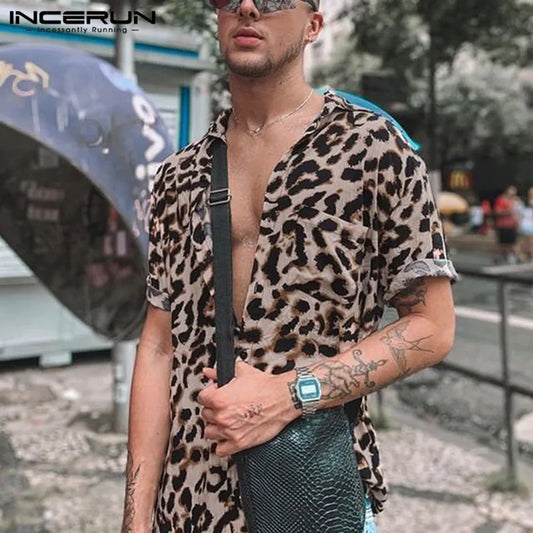 INCERUN Herren Kurzarm Revers Hemd Lässige Blumenbluse Herren Hawaiian Strand Tops Sommer Leopard Print Shirts Camisa Plus Size