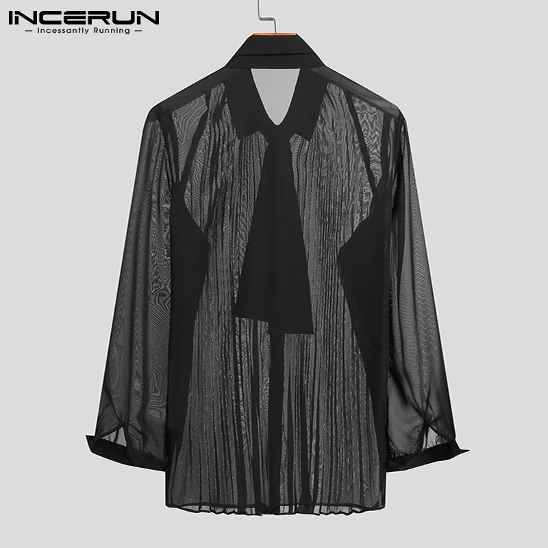 INCERUN Men Sexy Shirt Mesh See Through Lapel Long Sleeve Camisas WIth Tie Streetwear 2023 Pleated Solid Party Men Clothing 5XL